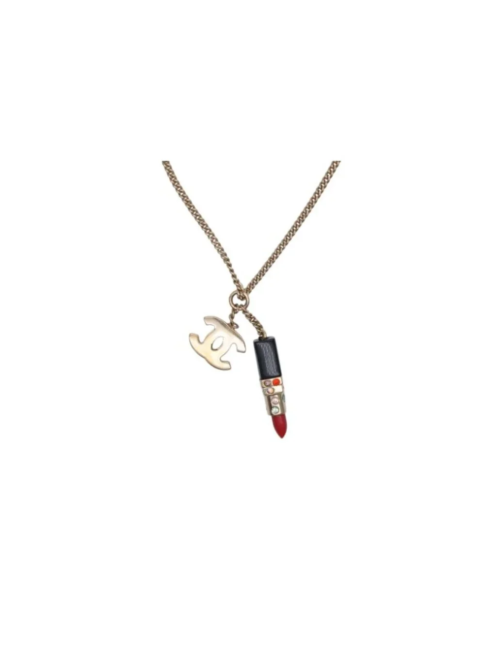 Chanel Lip Necklace 04 Metal Rhinestone Black Red Gold